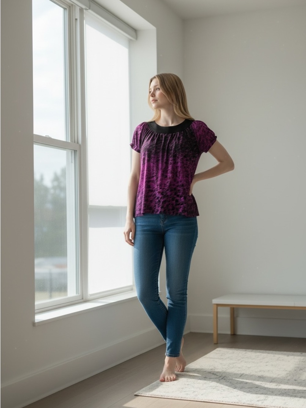 Worthington Purple Black Short-Sleeve Blouse Size PL